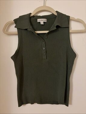 Calvin Klein Jeans Olive Green Ribbed Sleeveless Polo Tank